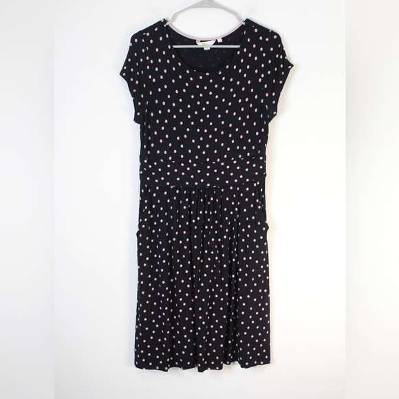 Boden Black and Pink Polka Dot Midi Dress - Picture 1 of 6